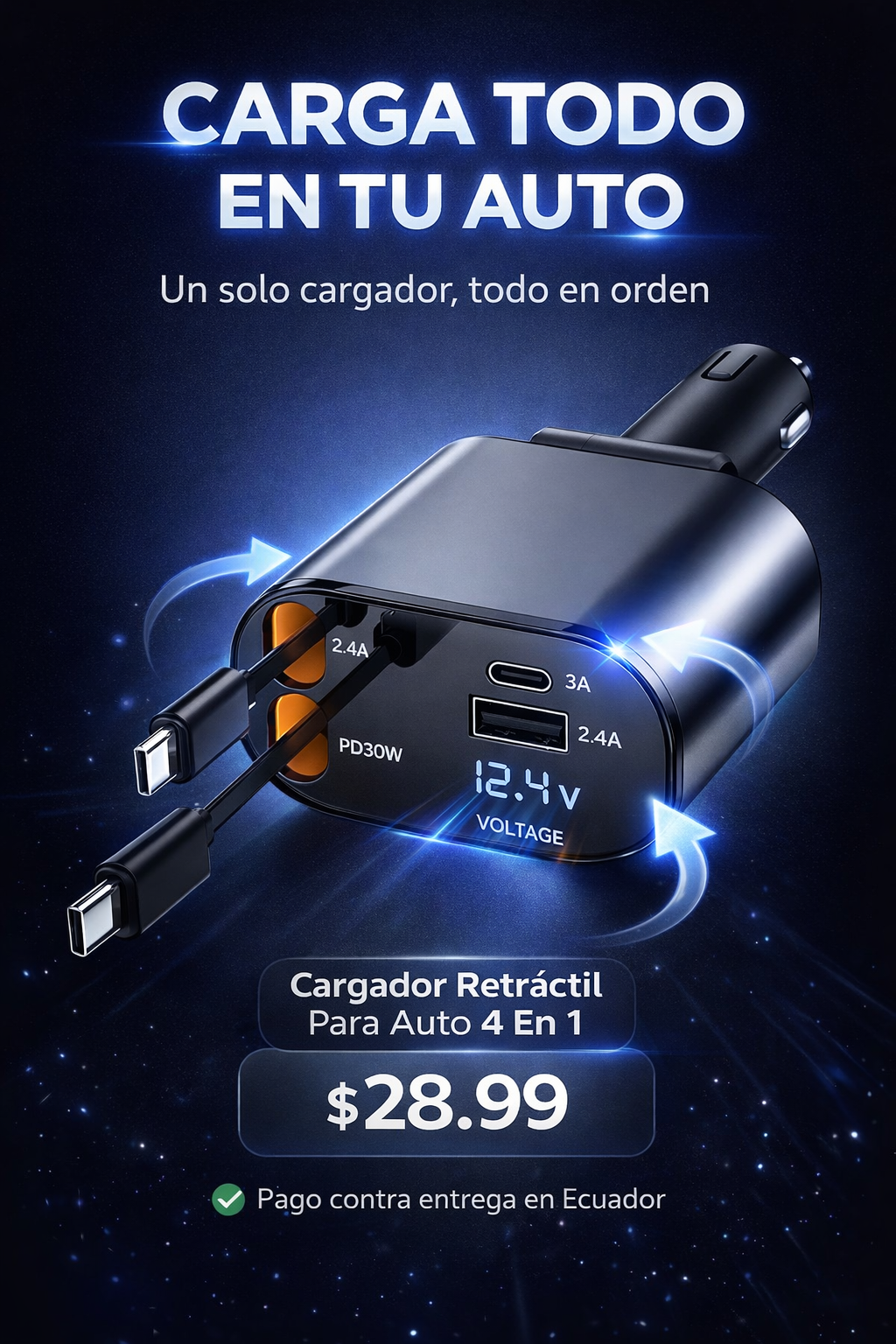 Cargador De Auto Retractil 4 En 1 ¿Estás listo para olvidarte del desorden en tu auto?