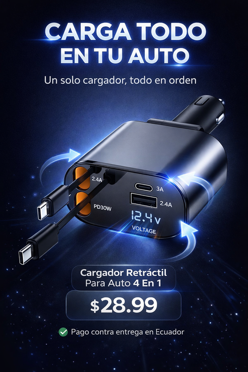 Cargador De Auto Retractil 4 En 1 ¿Estás listo para olvidarte del desorden en tu auto?